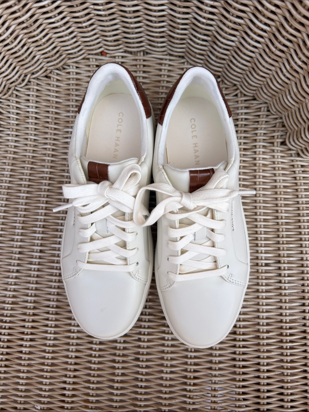 Cole Haan Cream Leather Sneakers with Brown Heel Accent